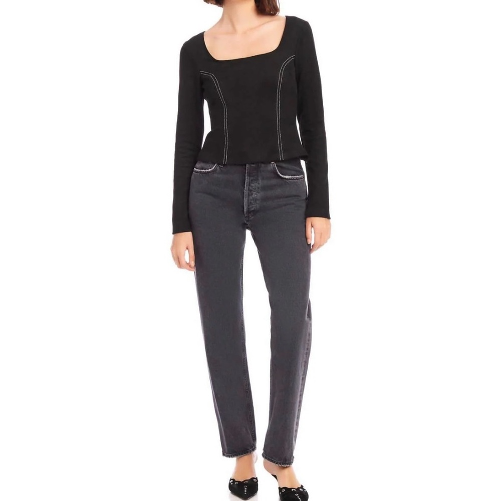 NWT Fifteen Twenty Faux Black Suede Stitch Long Sleeve Top, XS - Picture 2 of 4